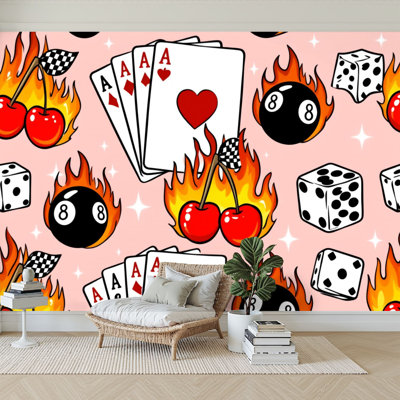 Peel and Stick Wallpaper 96" W x 69" H Modern Self Adhesive Wall Mural for Bedroom Flaming Casino Elements Aces Balls Dice Cherries Pink