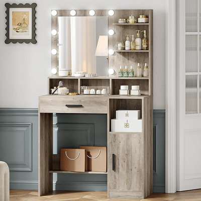 Dressing Table with Mirror and 10 LED Lights, Makeup Vanity with 3 Shelves & 4 Open Compartments, Large Drawer & Cabinet, Adjustable Lighting Brightness