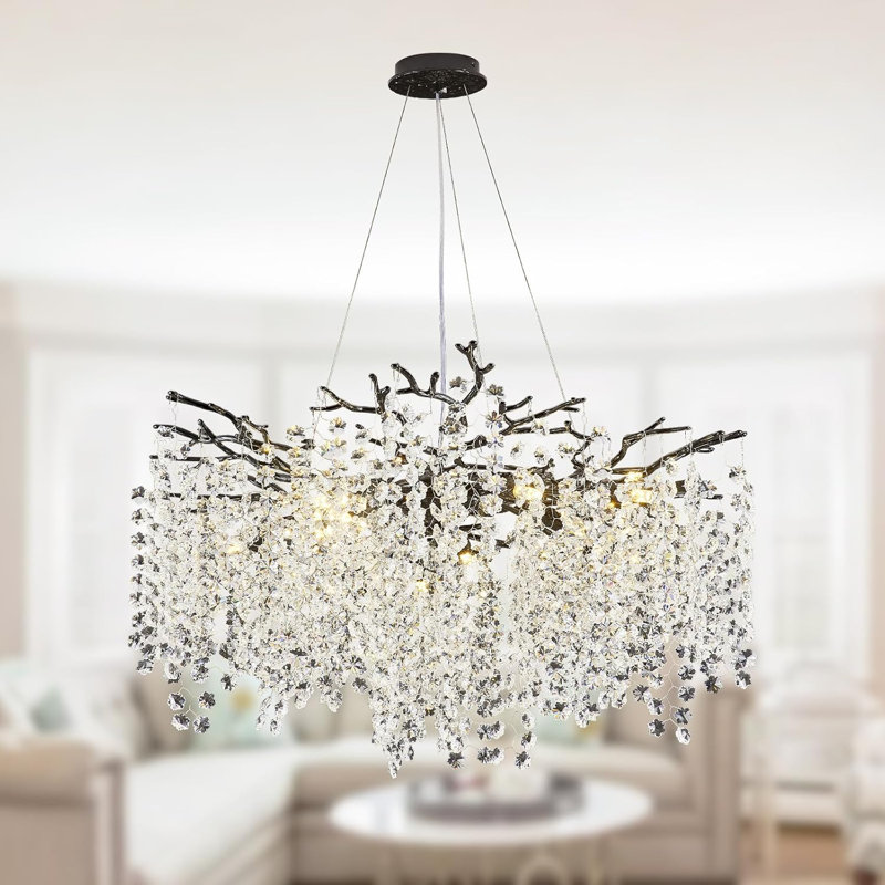 Lustre moderne en cristal K9, H 17,72 po x l 23,62 po x P 23,62 po, Noir mat, 8 lumières