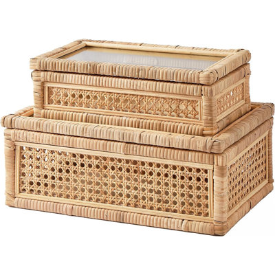 Boho Rattan Display Boxes With Glass Lids, Set Of 2 Rectangular Decorative Storage Box, Handwoven Rattan Basket For Home Decor