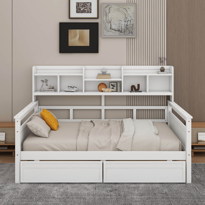 Daybed With Bedside Shelves And Drawers, White, Twin