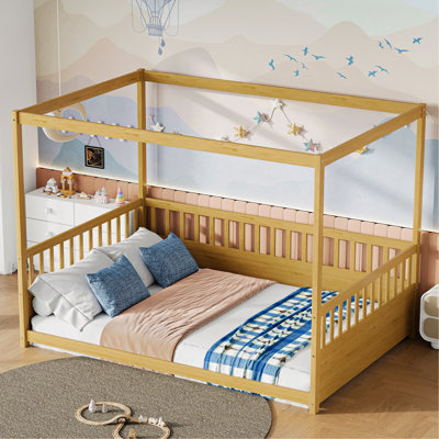 Full Size Canopy Bed Frame With Guardrails For Kids,Floor Bed Full With Four Poster Design,Kids Montessori Floor Bed,Wood Canopy Bed Frame For Girls,Boys(Full,Natural)