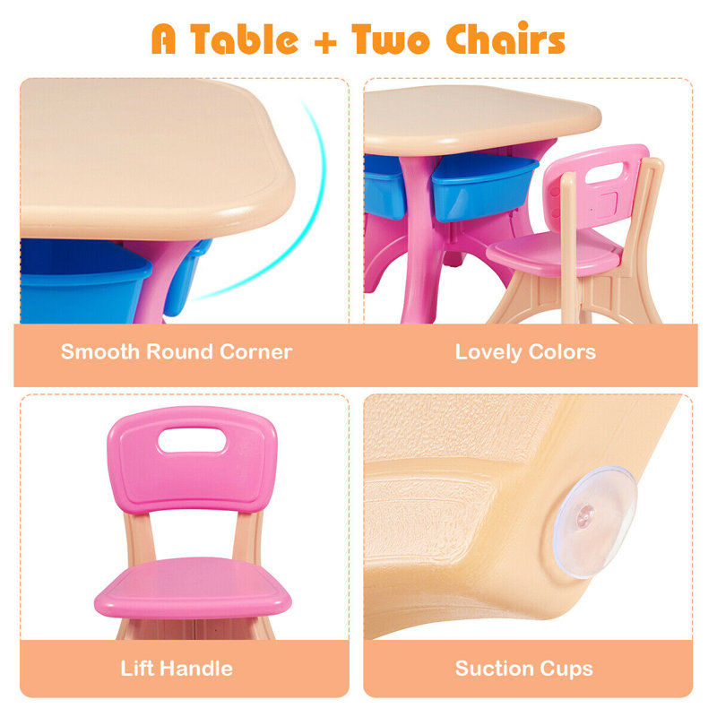 Hanner Kids 3 Piece Square Play Or Activity Table and Chair Set, Pink/Brown/Blue