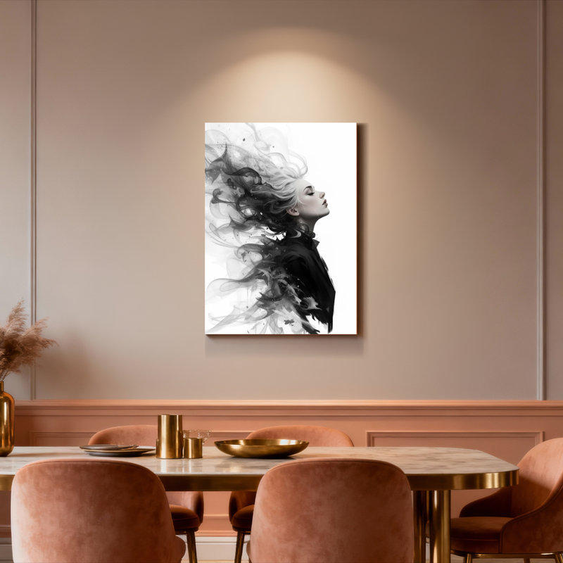 Tableau abstrait représentant une femme aux cheveux flottants, sur toile tendue (lot de 1)., H 30 po x l 20 po