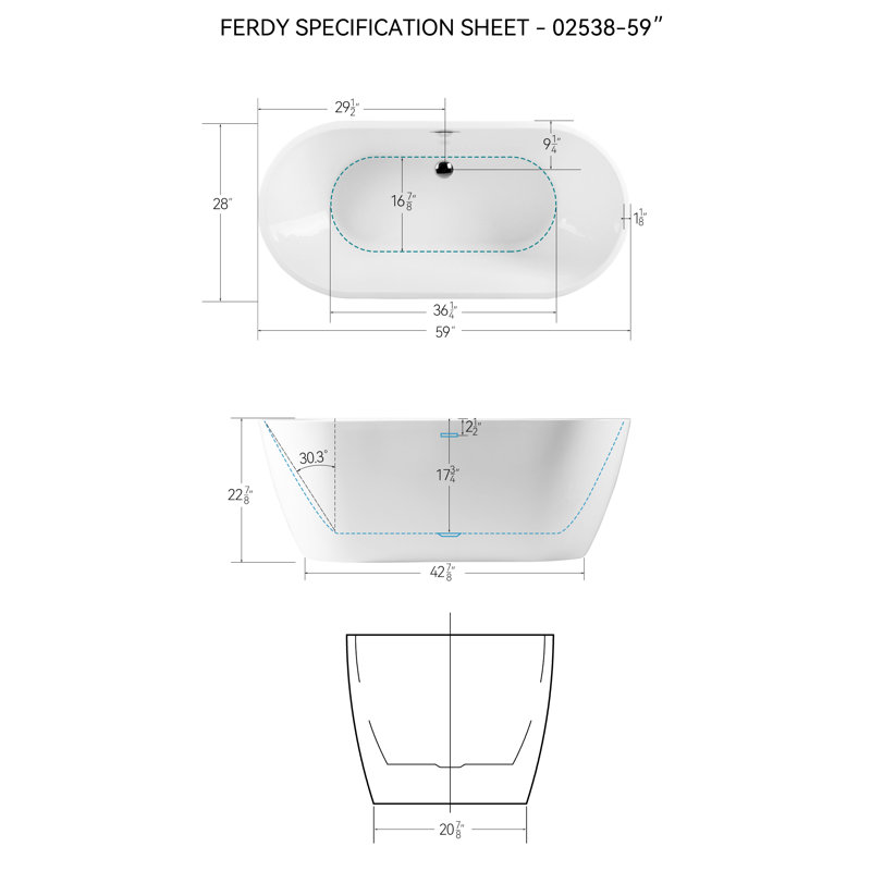 FerdY Bali 59" Freestanding Bathtub, Gracefully Shaped Soaking tub, Glossy White, cUPC Certified, Chrome Drain & Classic Slooted Overflow Assembly Included