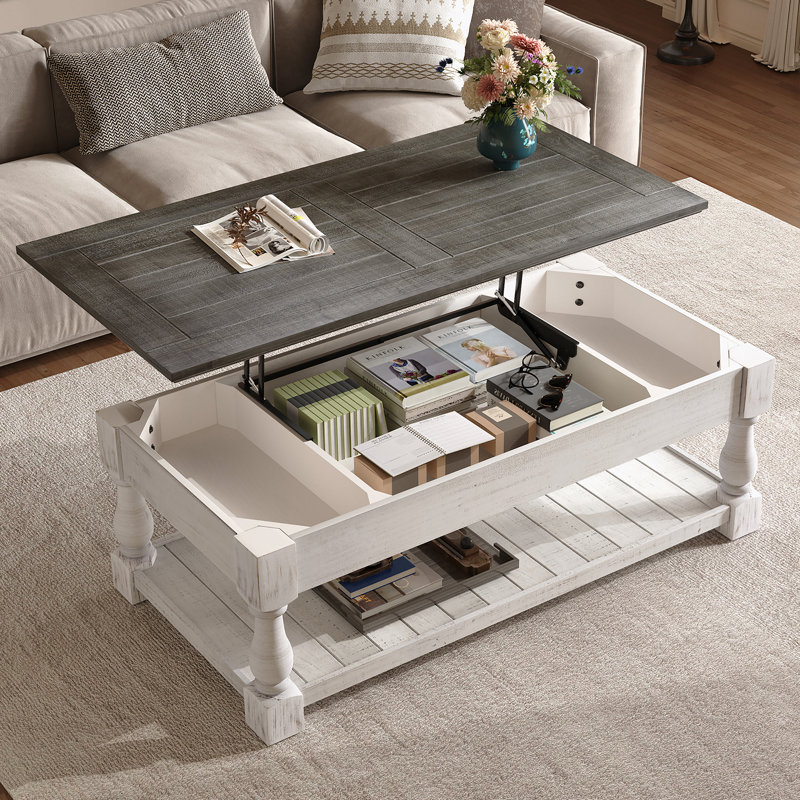 Table basse avec plateau fixe Farmhouse, Gris antique, Blanc antique