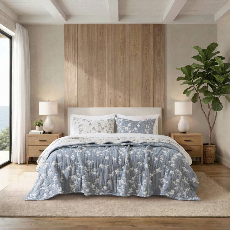 Ensemble de courtepointe jacquard toutes saisons en gaze de coton 3 pièces, bleu, taille King, King Quilt + 2 Shams, Blue
