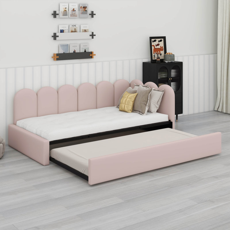 Lit de jour simple rembourré avec lit escamotable en dessous, lit de jour simple avec lit gigogne escamotable, lit de jour avec tête de lit souple et structure à lattes en métal pour la chambre à coucher