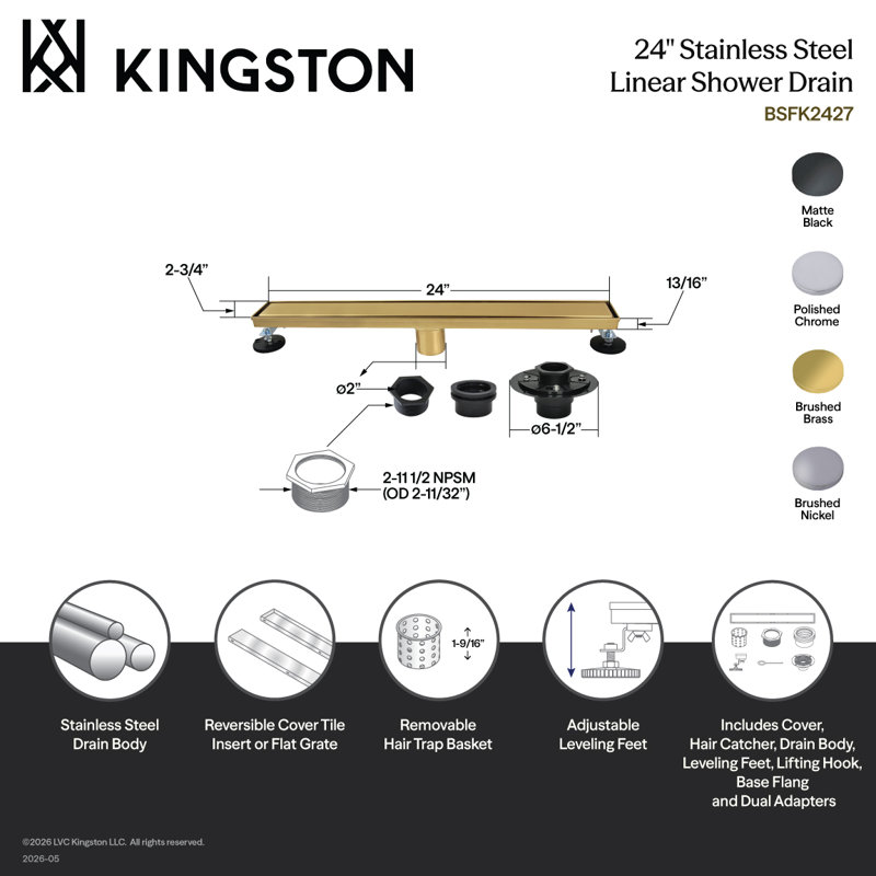 Caniveau de douche linéaire Kingston Brass Watercourse de 24 pouces en acier inoxydable avec insert carrelé réversible et grille plate, bonde avec bride de base et filtre à cheveux