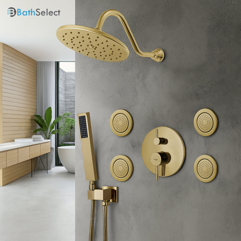 Wall Mounted Concealed Shower Set in Brushed Gold Includes Overhead Shower Head and Handheld Sprayer