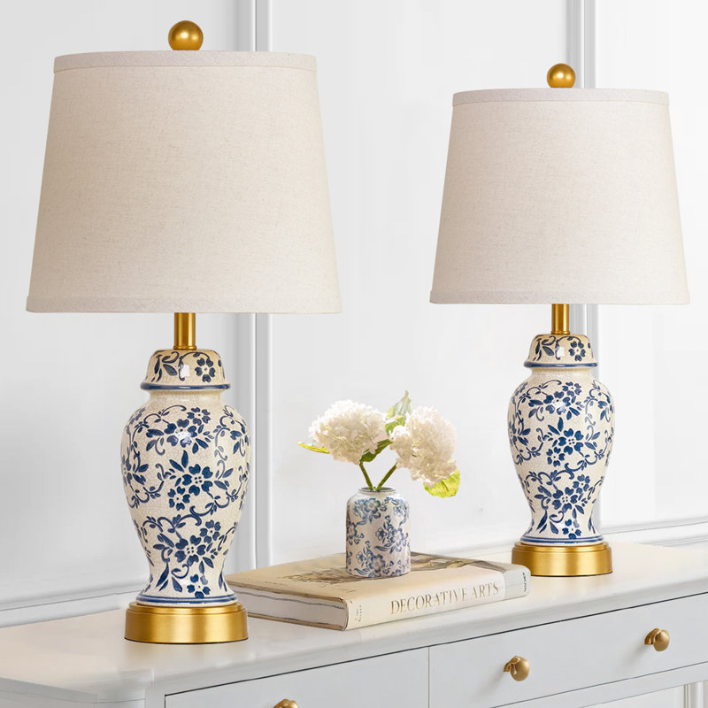 Ensemble de lampes pot en porcelaine bleues et blanches 22 po avec base chromée Engelbertus