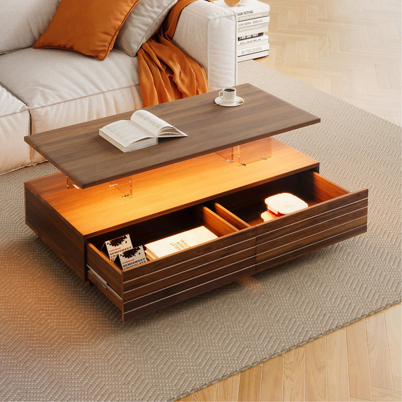 Modern Walnut Rectangular LED Lights Coffee Table With 2 Drawers In 47.2", Walnut