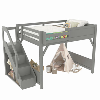 Full Size Loft Bed with Built-in Wardrobe and Storage Space, Solid Wood Loft Bed with Beside Shelves, Full-length Guardrails and Stairs, No Box Spring Needed,  Gray