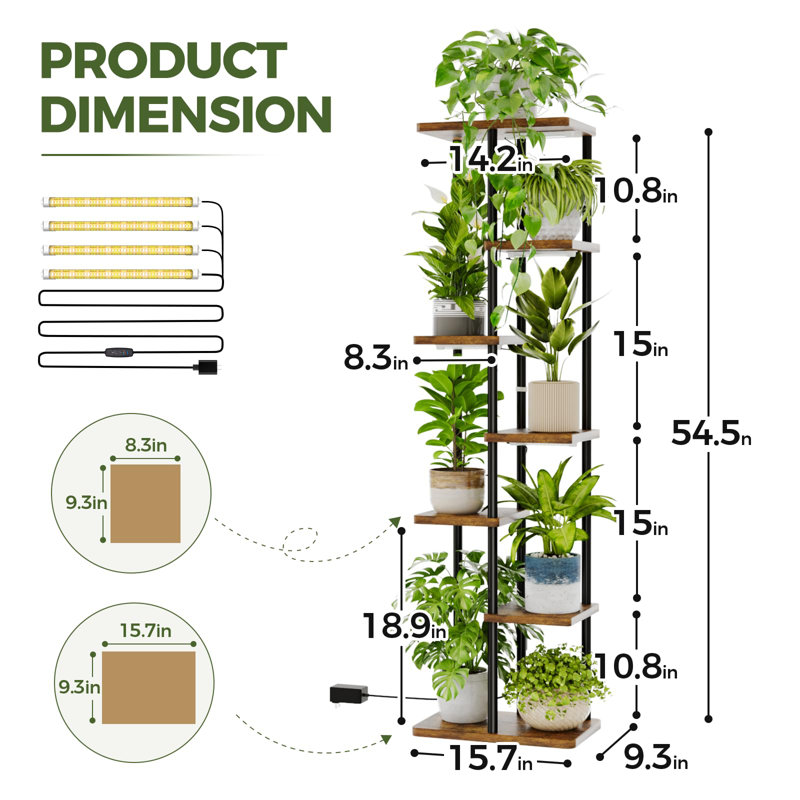 Support à plantes d'angle à 7 niveaux avec lampe horticole, marron