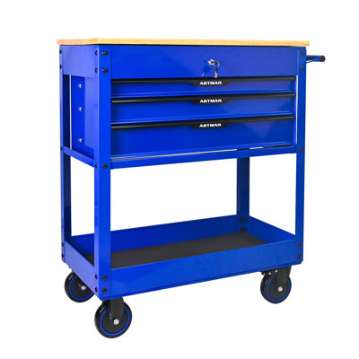 Chariot à outils mobile à 3 tiroirs avec plateau en bois - Armoire à outils robuste avec tiroirs à roulement à billes