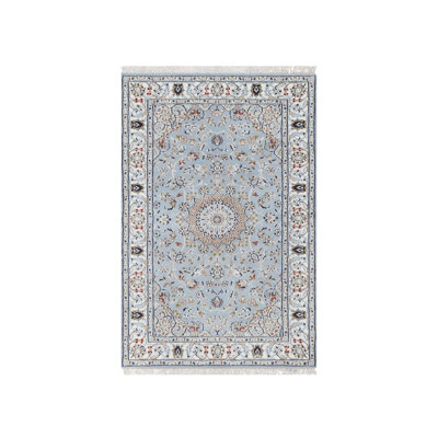 Tapis bleu noué à la main 3 pi 0 po x 5 pi 2 po, bleu Kran, 250 KPSI, laine et soie