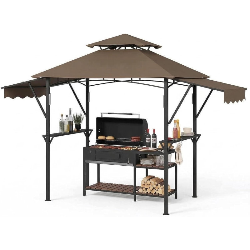 8x5 ft Grill Gazebo with Adjustable Dual Side Awnings, 2-Tier BBQ Gazebo Grill Shelter with 2 Handy Shelves, Hooks, 4 LED Lights & Ceiling Hook, Steel Frame BBQ Canopy for Backyard Garden, Claret