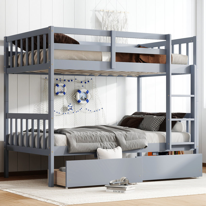 Lit superposé simple en bois d'hévéa avec 2 tiroirs, convertible en 2 lits simples, lit superposé simple avec échelle et garde-corps, gris