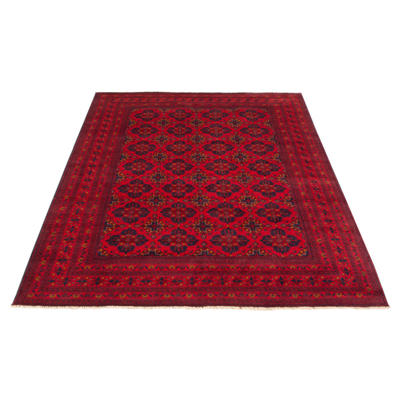 Tapis unique en laine noué à la main 6 pi 8 po x 9 pi 8 po nouvel âge Eissa - bleu marine foncé / orange clair / rouge