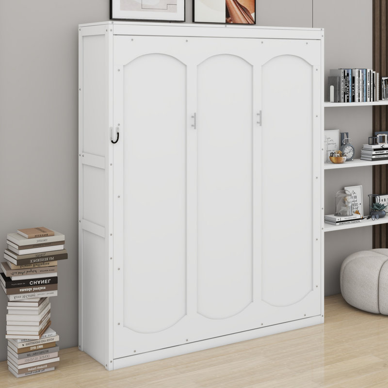 Lit escamotable robuste avec tablettes de rangement, Blanc