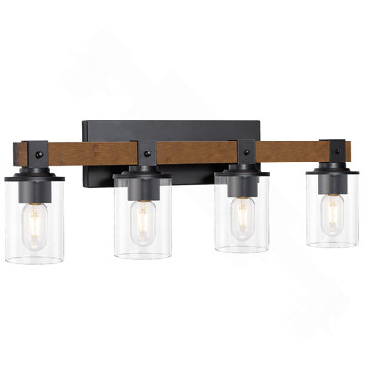 4-Light Industrial Farmhouse Vanity Light, Wood & Black Metal Clear Glass Shade for Bathroom Kitchen