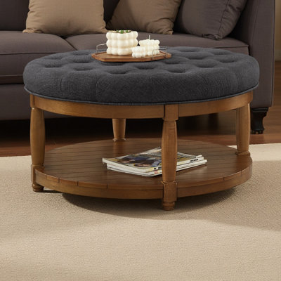 Large Round Upholstered Tufted Linen Ottoman Coffee Table, Large Footrest Ottoman With Solid Wood Shelf