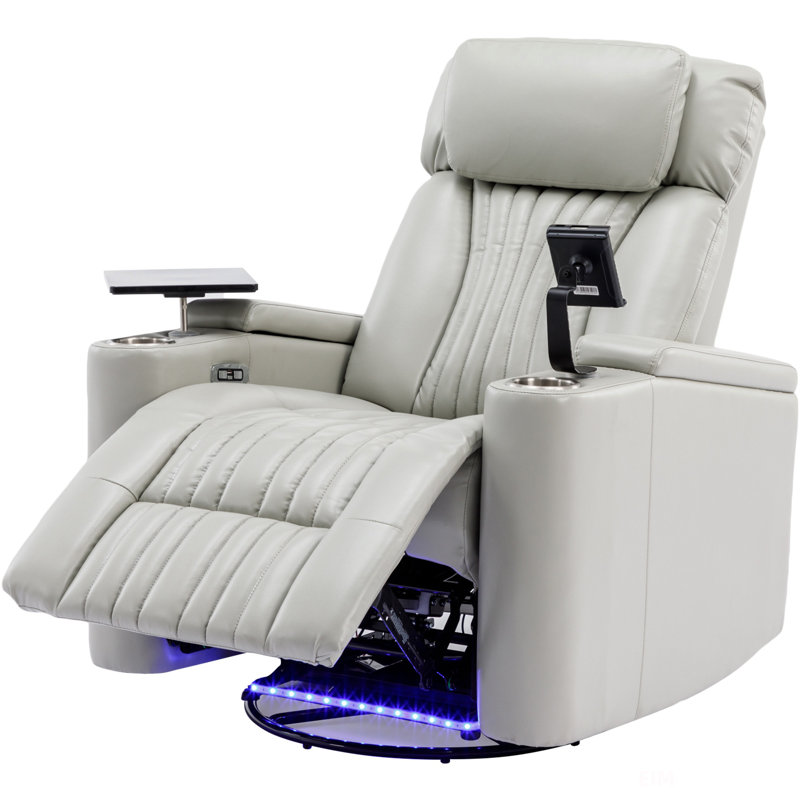 Finnegan 270° Power Swivel Recliner with LED & Hidden Storage, Gray PU Leather