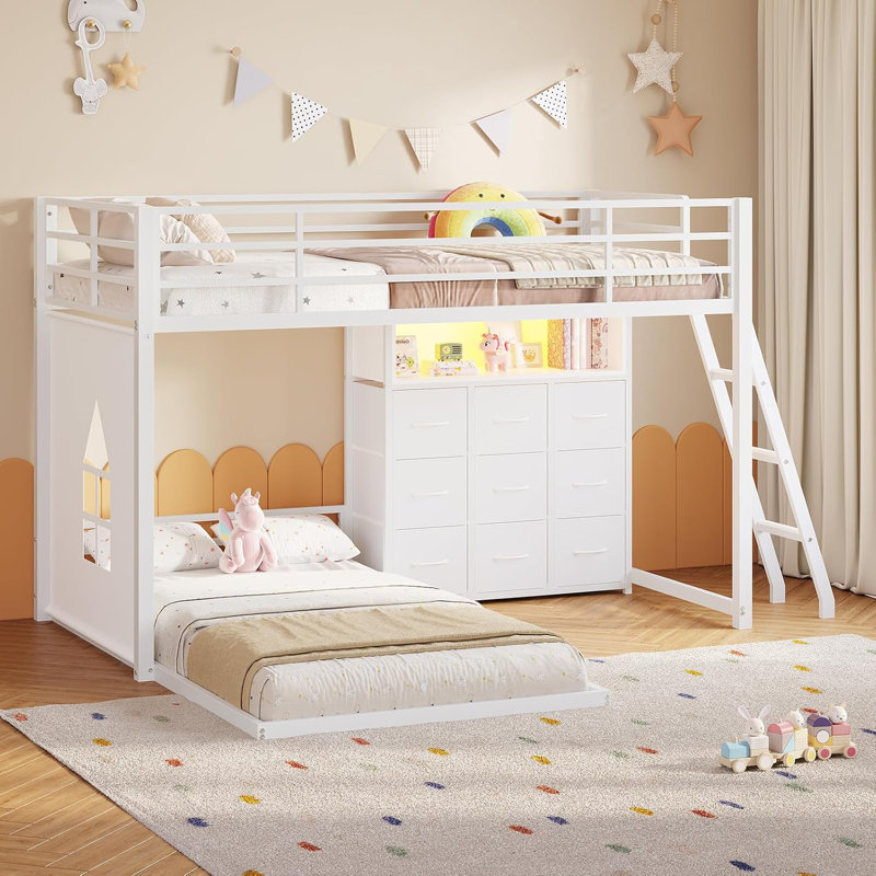 Twin Over Twin Bunk Beds With 9 Storage Drawers And Led Lights, Twin Size Low Bunk Bed Frame With Play Area & Open Storage Shelf & Ladder, L-Shaped Metal Bunk Bed For Teens, White