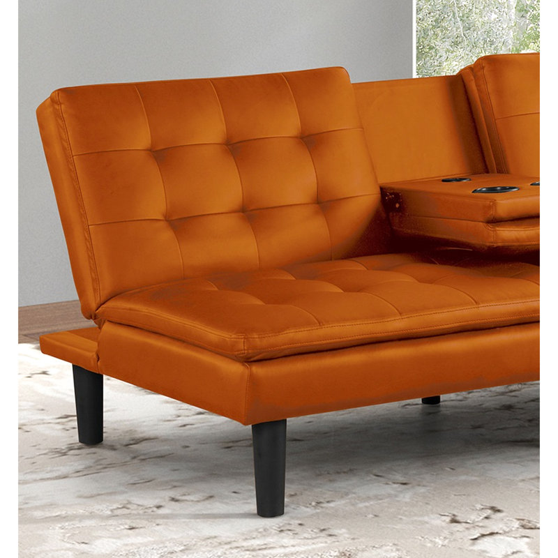 Contemporary Orange Futon - Style With Biscuit Tufting, A & C Chargers, Drop Down Table And Bed Making Ease, 71.5"W X 35.5"D 32"H Built In Ports, Convertible Design,
