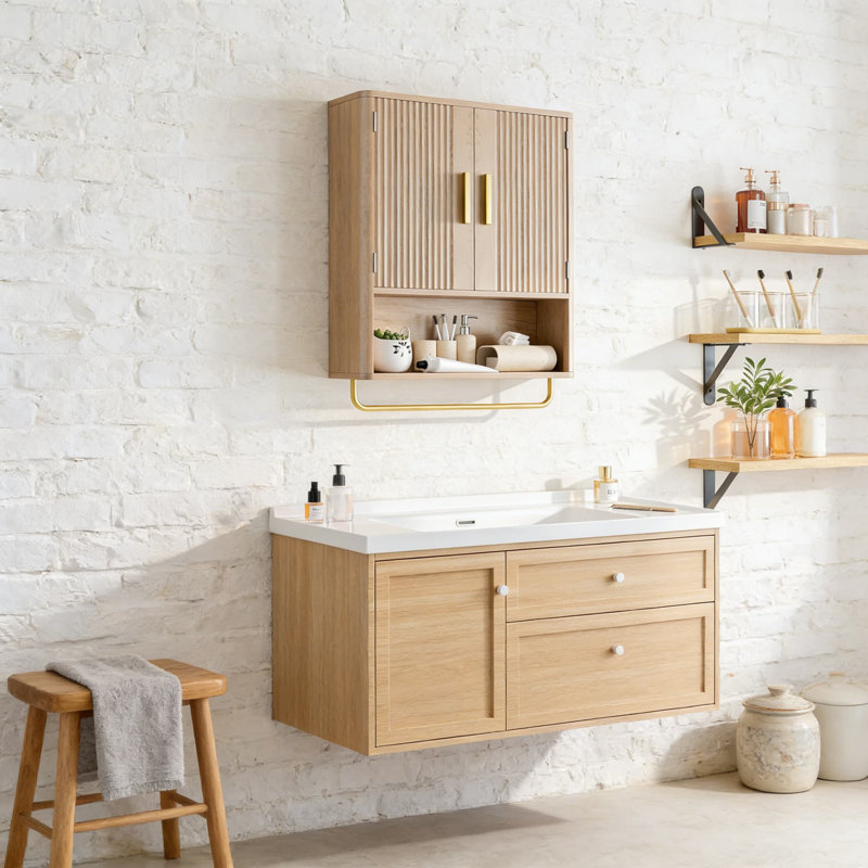 Armoire de salle de bain murale avec panneau de porte cannelé et tablette réglable, armoire à pharmacie flottante avec tablette ouverte et barre à serviettes, armoire de rangement pour salle de bain, salle de lavage et cuisine