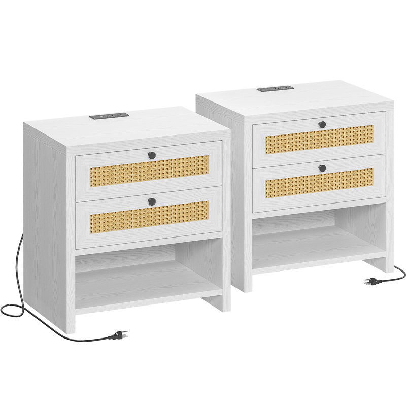 Vena 23" Boho Night Stand Set of 2 with Charging Station, Rattan Drawers and Open Shelf, White/Oak
