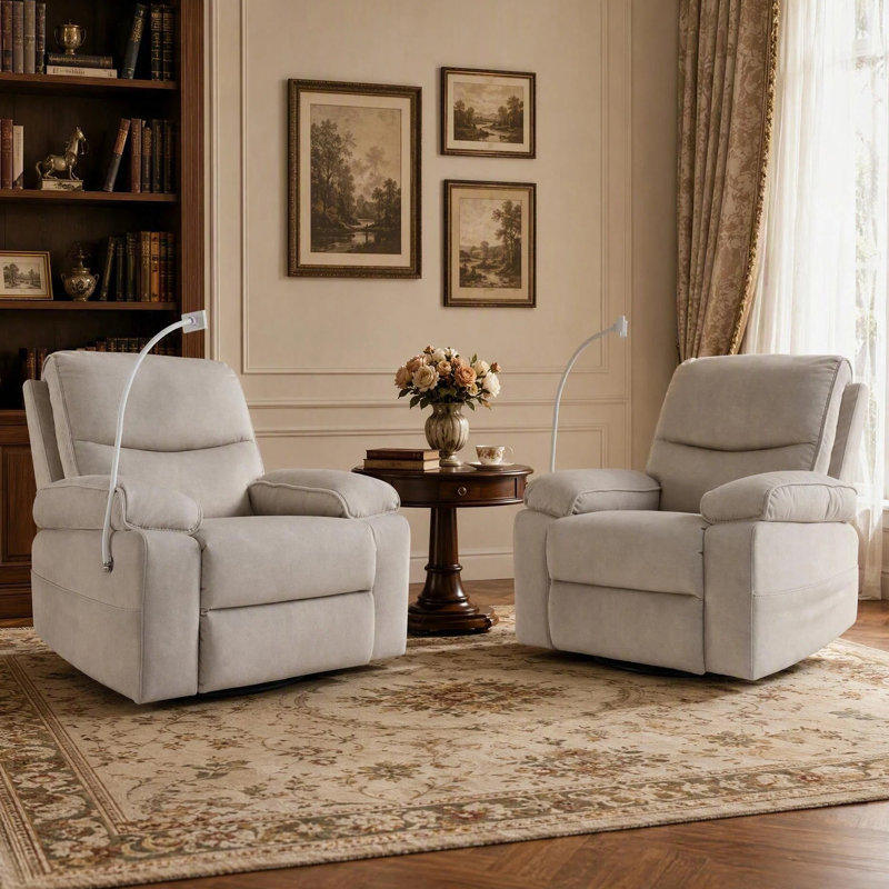 Fauteuil inclinable pivotant à bascule Anabella de 39 po de large avec support pour téléphone, beige (ensemble de 2), Beige
