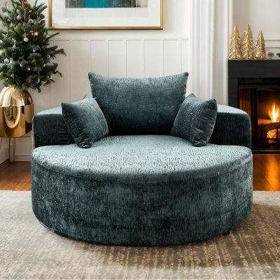  55'' Chenille Modern Round Chaise Longue Chair Indoor, Upholstered Deep Seat Floor Compression Sofa with Pillow, Ergonomic Support, No Assembly Required, Oversized Single Sofa Armchair for Living Room, Lounge, Bedroom