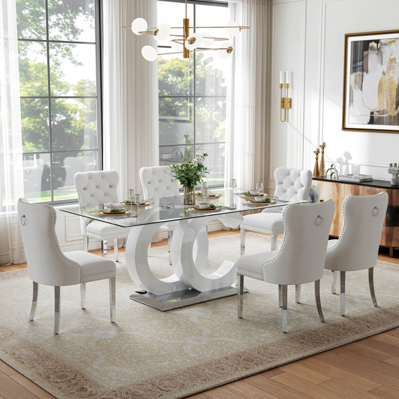 70" Glass Dining Table, Clear Tempered Glass Top with Glossy OC-Shaped Legs and Polished Mirror Stainless Steel Base