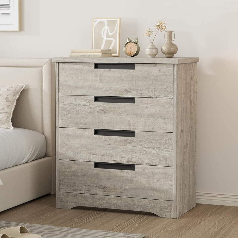 Table de chevet 4 tiroirs pour chambre à coucher, table de chevet moderne avec poignées intégrées, Gris
