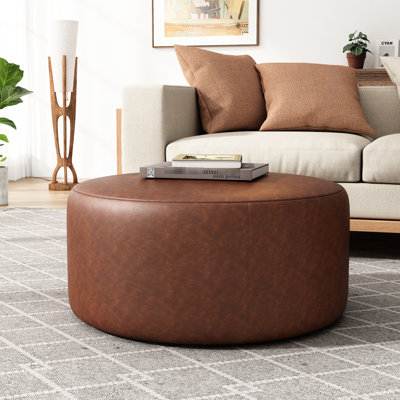 Upholstered Round In Brown Faux Leather, 31.07 Inches Wide, Deep, 16.36 High, With A Contemporary And Functional Design Leather , Brown, W, D, H, Dense Foam Spring System For Optimal Comfort