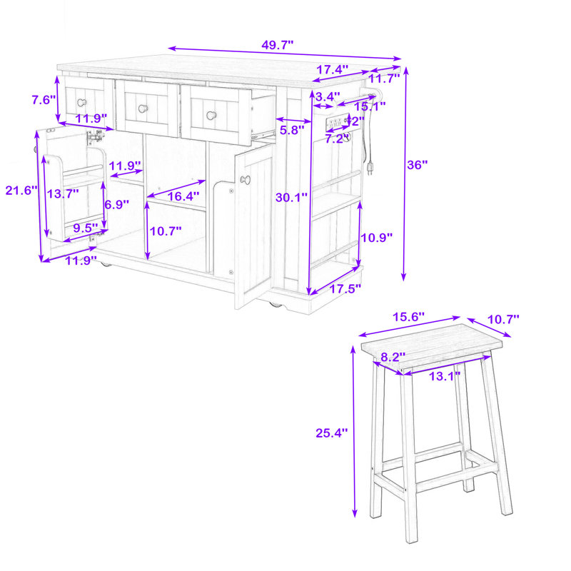 Cheryllynne 3-Piece Kitchen Island Set with Built-in Charging Station, Expandable Countertop and Two Bar Stools, White