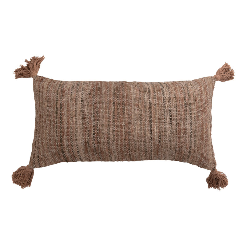 Tan Woven Cotton Striped Lumbar Pillow with Tassels
