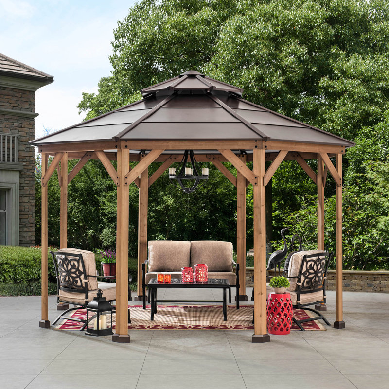 Sunjoy 13 x 13 pi. Pavillon de jardin en cèdre octogonal avec toit rigide en acier à deux niveaux et crochet de plafond pour le jardin, abat-jour de cour