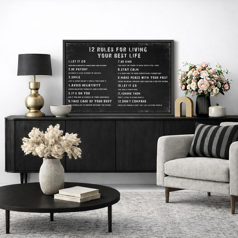 «12 Rules For Living Your Best Life», art mural inspirant, art mural, art mural, H 24 po x l 36 po , Cadre flottant noir