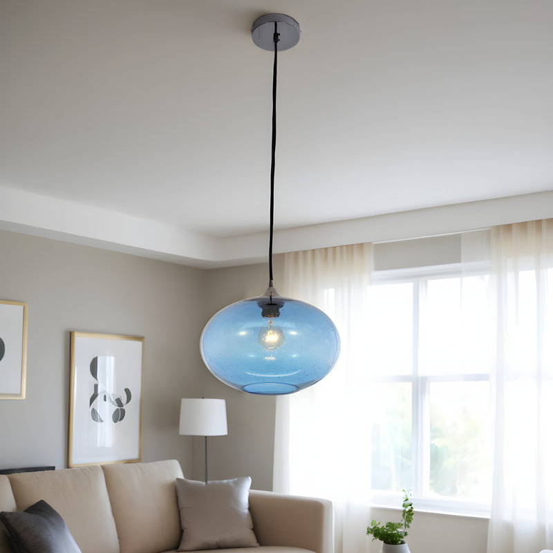 Pendantvintage Blue Glass Pendant Light, Hand-Blown Bubble Glass Farmhouse Hanging Light Fixture For Kitchen Island, Dining Room, Or Bar, E26 Base