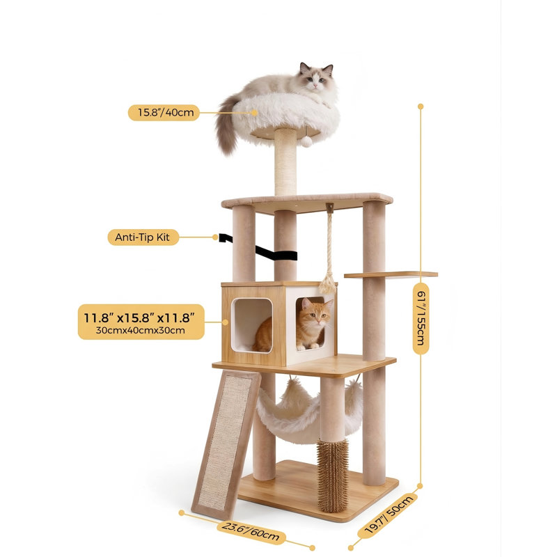 Tour pour arbre à chat 61 po moderne pour chats d'intérieur, tour d'escalade de luxe, salon moelleux, condos pour chat, hamac, poteaux à griffer, mobilier pour chat classique