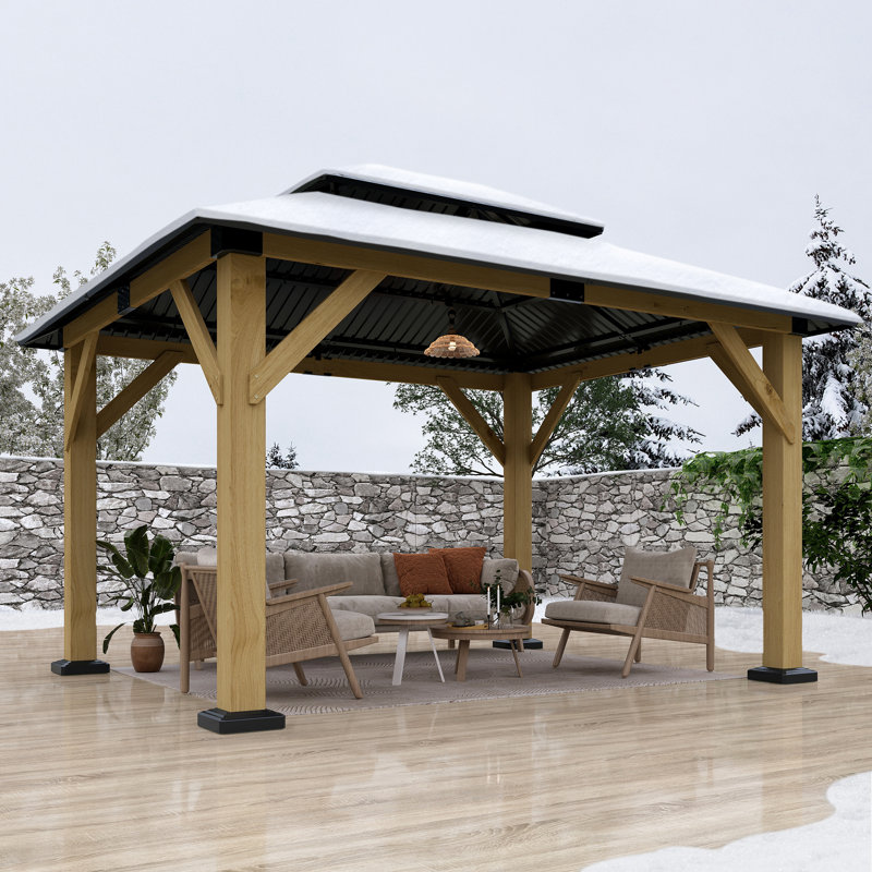 12' W x 10' D Outdoor Solid Wood Gazebo - Patio Galvanized Steel Hardtop Gazebo, 12 ft. W x 10 ft. D