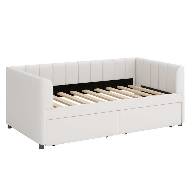 Lit de jour rembourré avec dossier ergonomique et 2 tiroirs, Beige