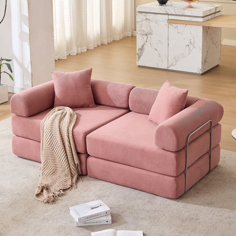 Canapé-lit modulaire convertible pour petits espaces, sans assemblage requis, accoudoirs amovibles, revêtement en velours côtelé, rose