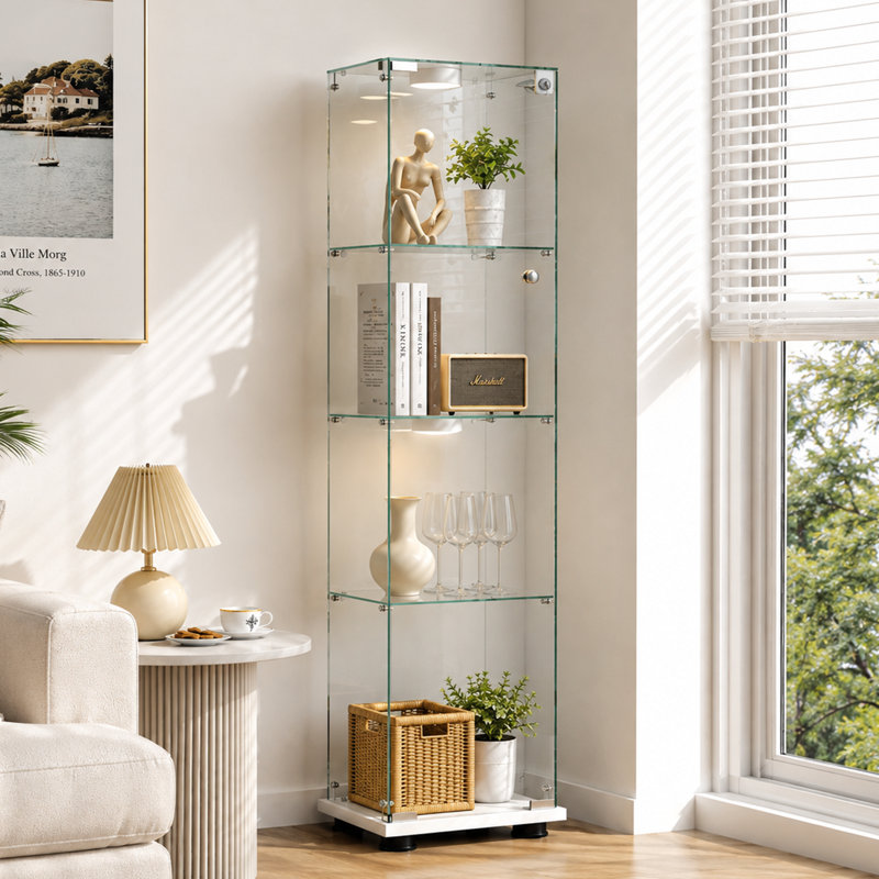 Vitrine lumineuse 65 "en verre trempé H 65" avec 3 tablettes, serrure et 12 lumières DEL de couleur, Blanc