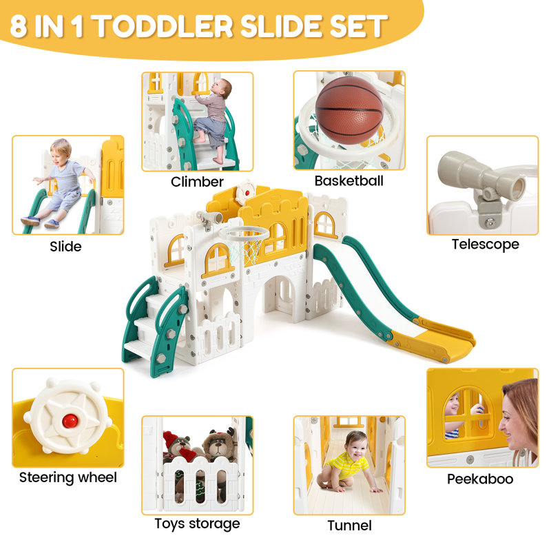 8-in-1 Green and Yellow HDPE Indoor Toddler Playground with Slide