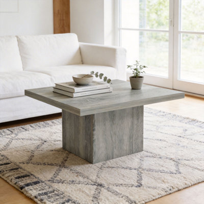 Table basse carrée, centre avec plateau de table épais de 1,6 po pour le salon, assemblage facile, grain de bois gris 31,5 po x 31,5 po