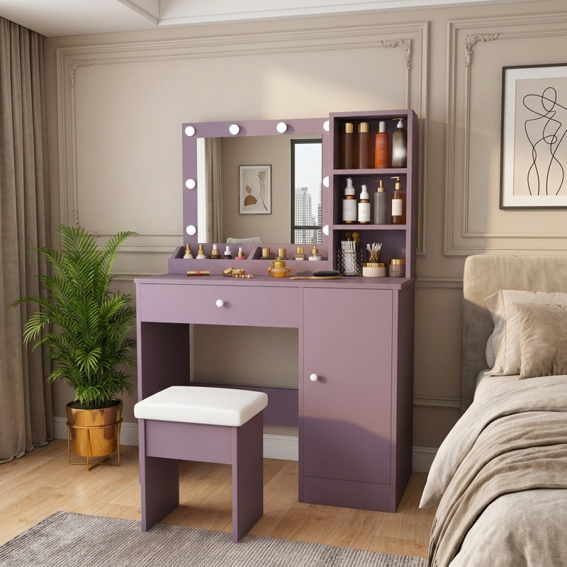 Meuble-lavabo 35,4 po avec miroir lumineux à DEL, armoire de rangement, tiroir, tablettes ouvertes et tabouret rembourré