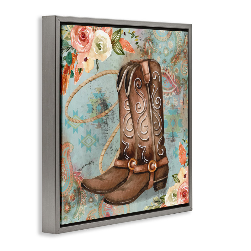 Bottes de cowboy à motif floral cachemire, Cadre flottant gris lustré, H 25 po x l 25 po